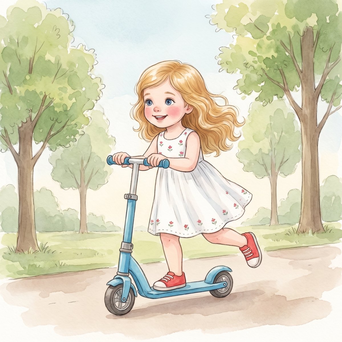 A page from a real Keptale book: Ayla riding her blue scooter, painted in watercolour