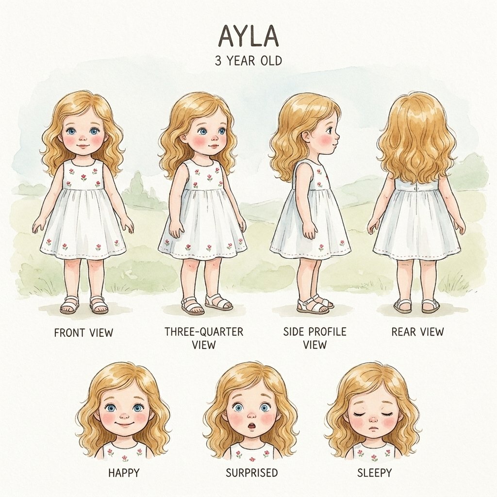Ayla's locked character sheet: front, side and rear views plus expressions
