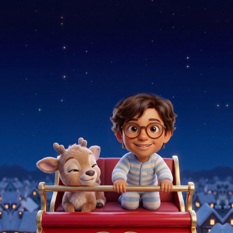 A sample cover of The Night Helped Santa, with an illustrated sample child
